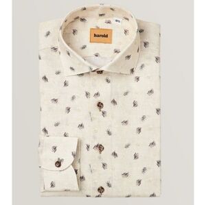 Harold Leaf Pattern Melange Linen Button-Up Dress Shirt Cream Navy Print Size 18